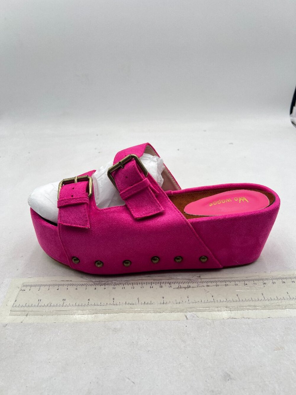 Wo Wagas Hot Pink Buckle Strap Mules Platform Slippers Chunky Mid Heel Sandals - Picture 2 of 8